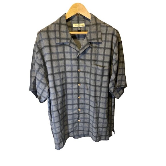 Tommy Bahama Black Charcoal Patterned Mens Silk Button Down Short Sleeved Shirt - Picture 1 of 8